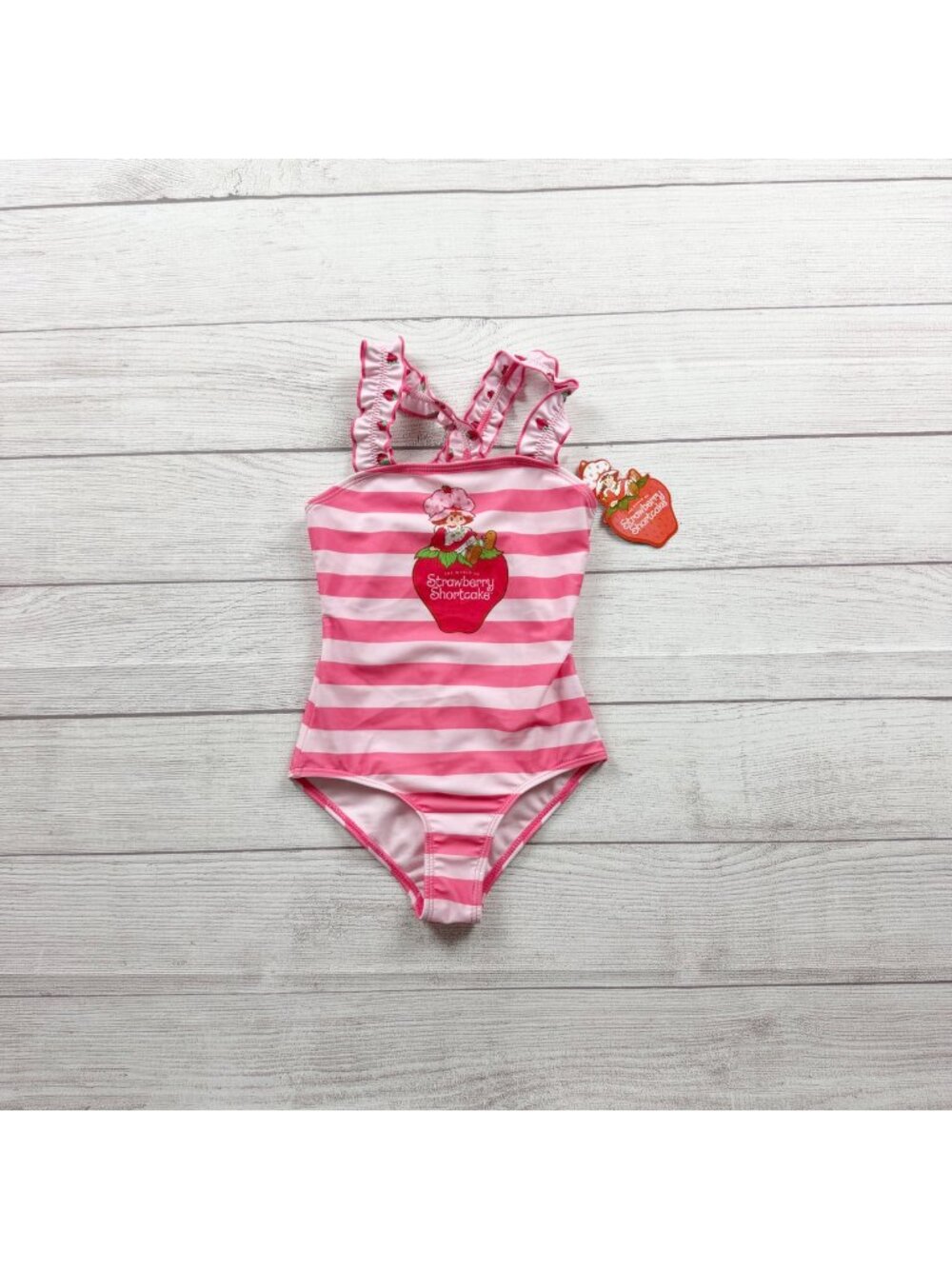 Strawberry Shortcake Girls Pink Striped Swimsuit Ruffled Straps NWT 4-5